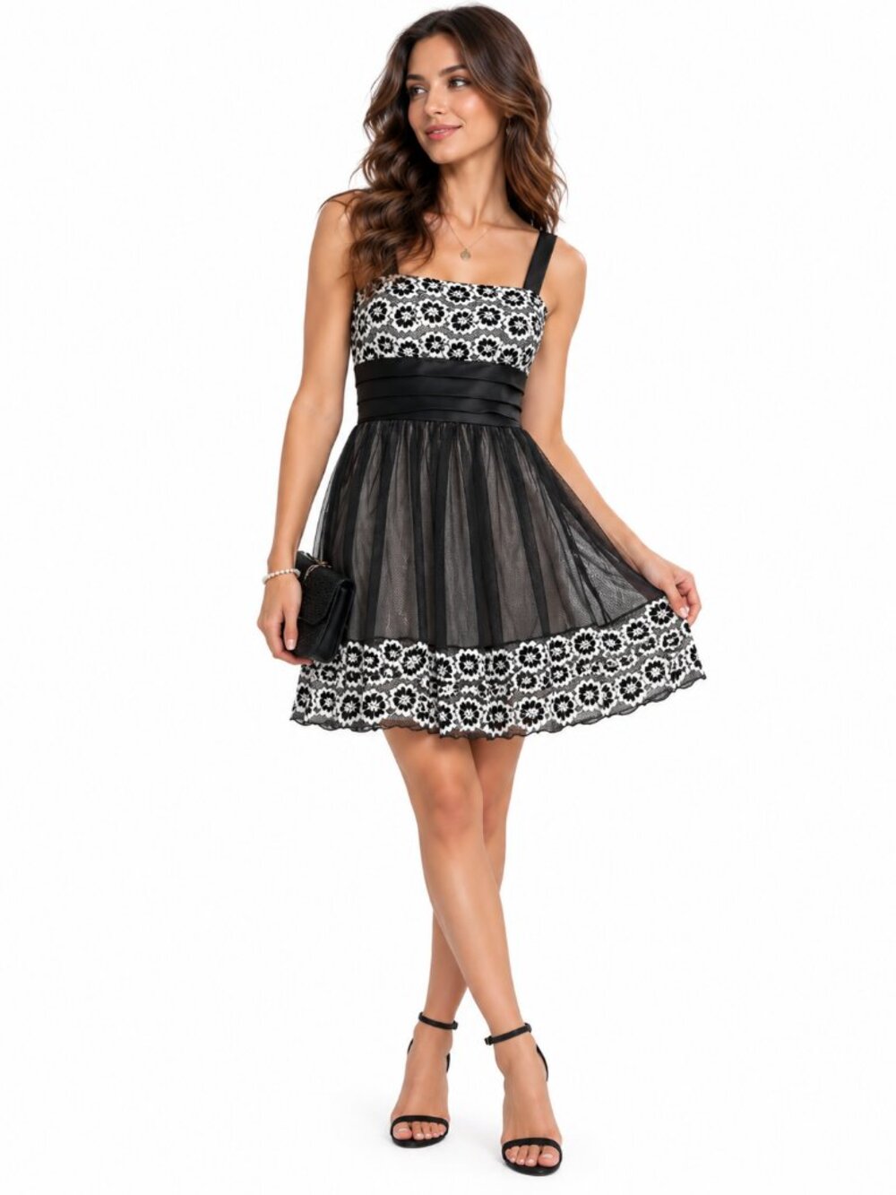 Laura Petites Lace Fit Flare Occasion Dress Black Ivory